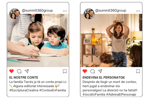 Dues publicacions d'Instagram de Summit360 sobre escriptura creativa en família: «El nostre conte», amb dos germans escrivint junts, i «Endevina el personatge», amb una mare jugant amb els fills.