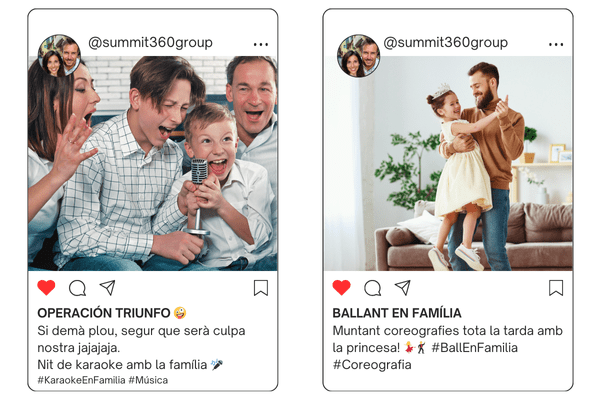 Dues publicacions d'Instagram de Summit360 sobre música i dansa en família: «Operació Triomf», amb una família cantant karaoke, i «Ballant en família», amb un pare i una filla ballant a casa.