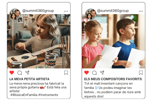 Dues publicacions d'Instagram de Summit360 sobre música en família: «La meva petita artista», amb una nena tocant una guitarra feta a mà, i «Els meus compositors favorits», amb dos nens inventant cançons.