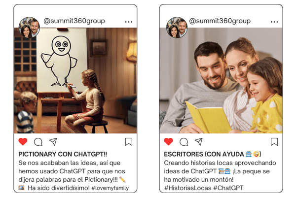 Two Summit360 Instagram posts about technology as a family: “Pictionary with ChatGPT!!”, with a child drawing in front of a board, and “Writers (with a little help)”, with a father and daughter writing a story on the computer.