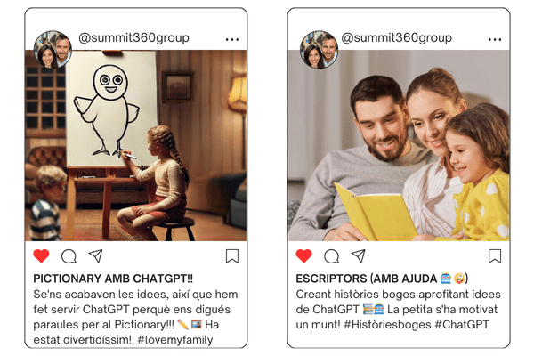 Dues publicacions d'Instagram de Summit360 sobre tecnologia en família: «Pictionary amb ChatGPT!!», amb un nen dibuixant davant d'una pissarra, i «Escriptors (amb ajuda)», amb un pare i una filla escrivint un conte amb l'ordinador.