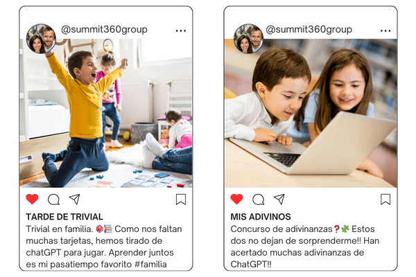Two Summit360 Instagram posts about family games with technology: “Trivia afternoon”, with a child celebrating a correct answer, and “My riddlers”, with two children solving riddles on the computer.