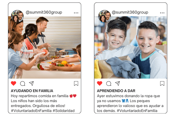 Two Summit360 Instagram posts about family volunteering: “Helping as a family”, handing out food, and “Learning to give”, with children getting clothes ready to donate.
