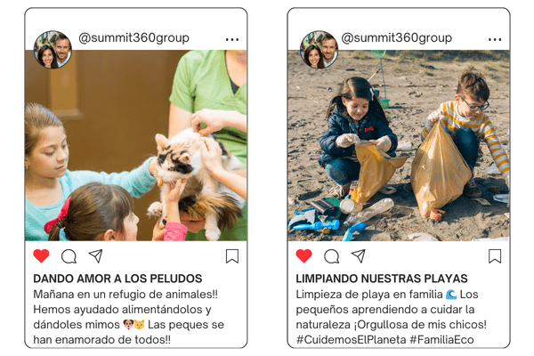 Two Summit360 Instagram posts about family volunteering: “Giving love to our furry friends”, helping at an animal shelter, and “Cleaning our beaches”, with children collecting litter on the beach.