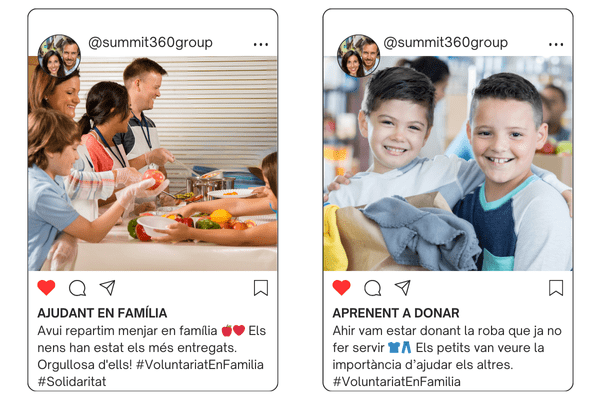 Dues publicacions d'Instagram de Summit360 sobre voluntariat en família: «Ajudant en família», repartint menjar, i «Aprenent a donar», amb nens preparant roba per donar.