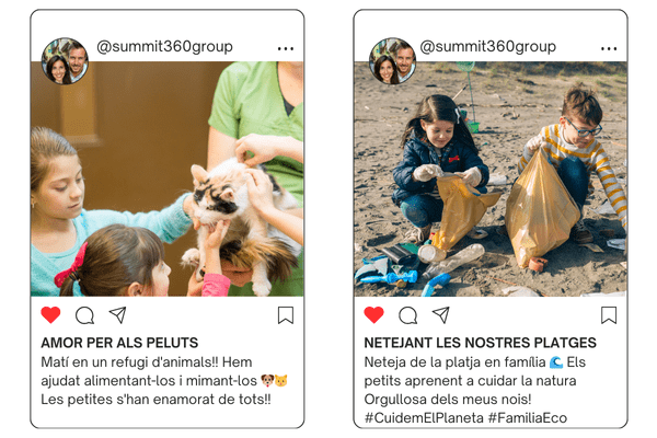 Dues publicacions d'Instagram de Summit360 sobre voluntariat en família: «Amor per als peluts», ajudant en un refugi d'animals, i «Netejant les nostres platges», amb nens recollint residus a la platja.